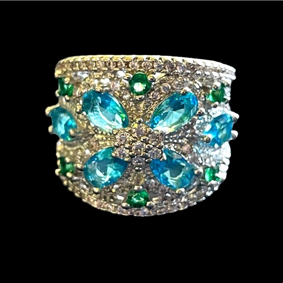 🎁 925 Silver Blue Green Zircon Statement Ring - Picture 1 of 7